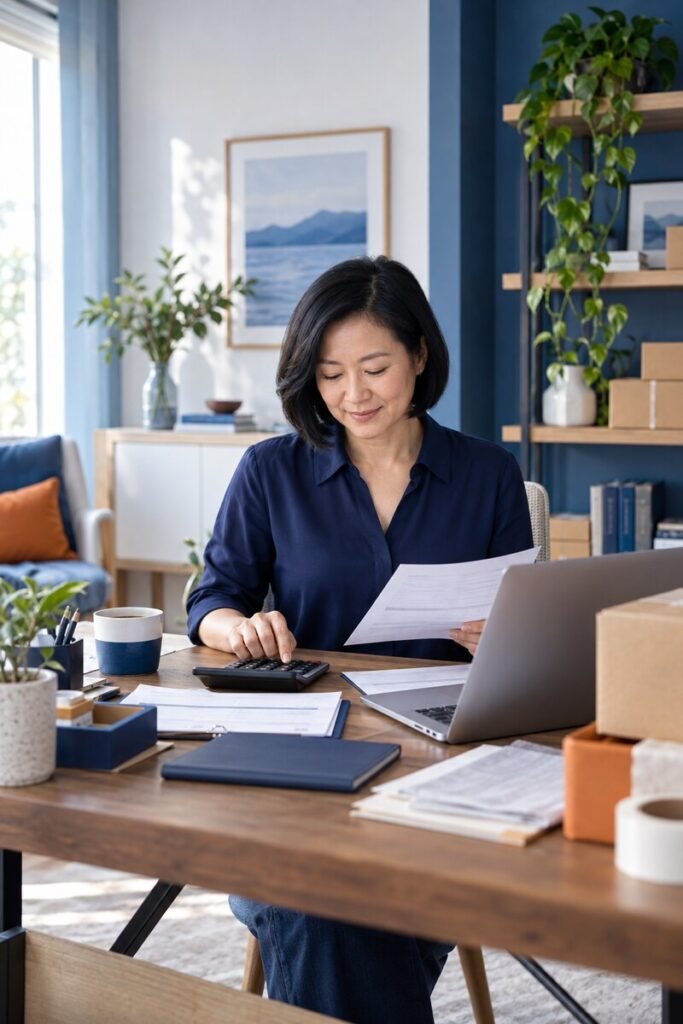 Empreendedora calculando custos, margem e lucro das vendas