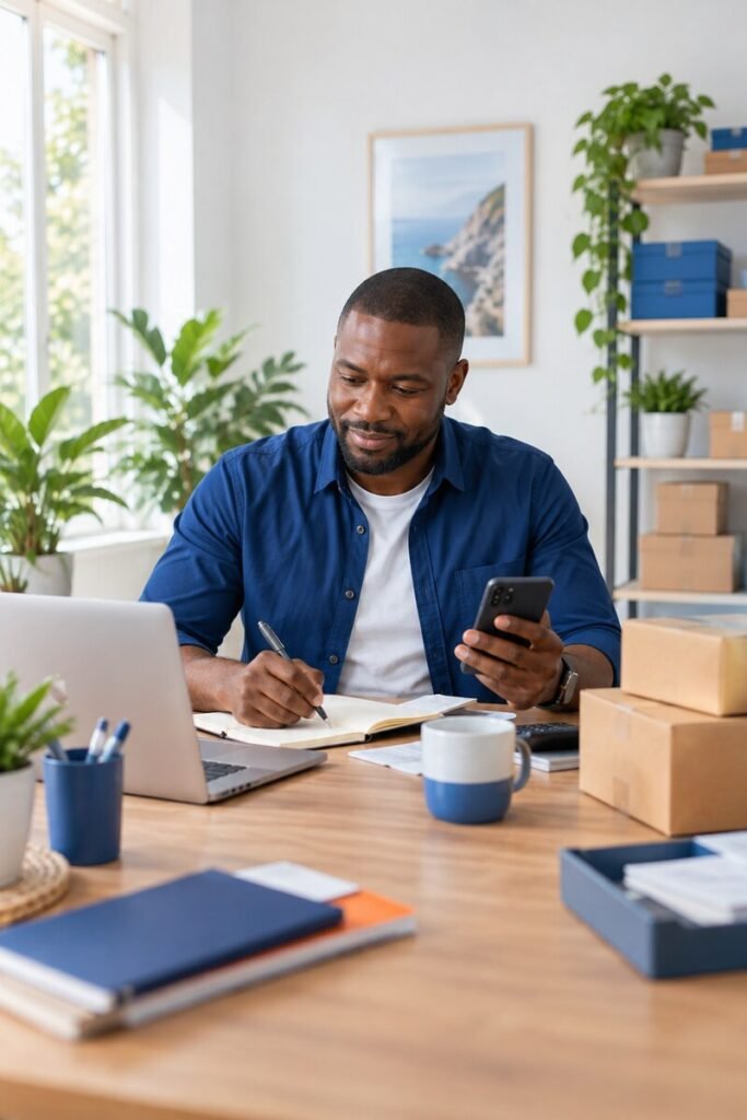 Empreendedor organizando vendas, clientes e cobranças em seu espaço de trabalho