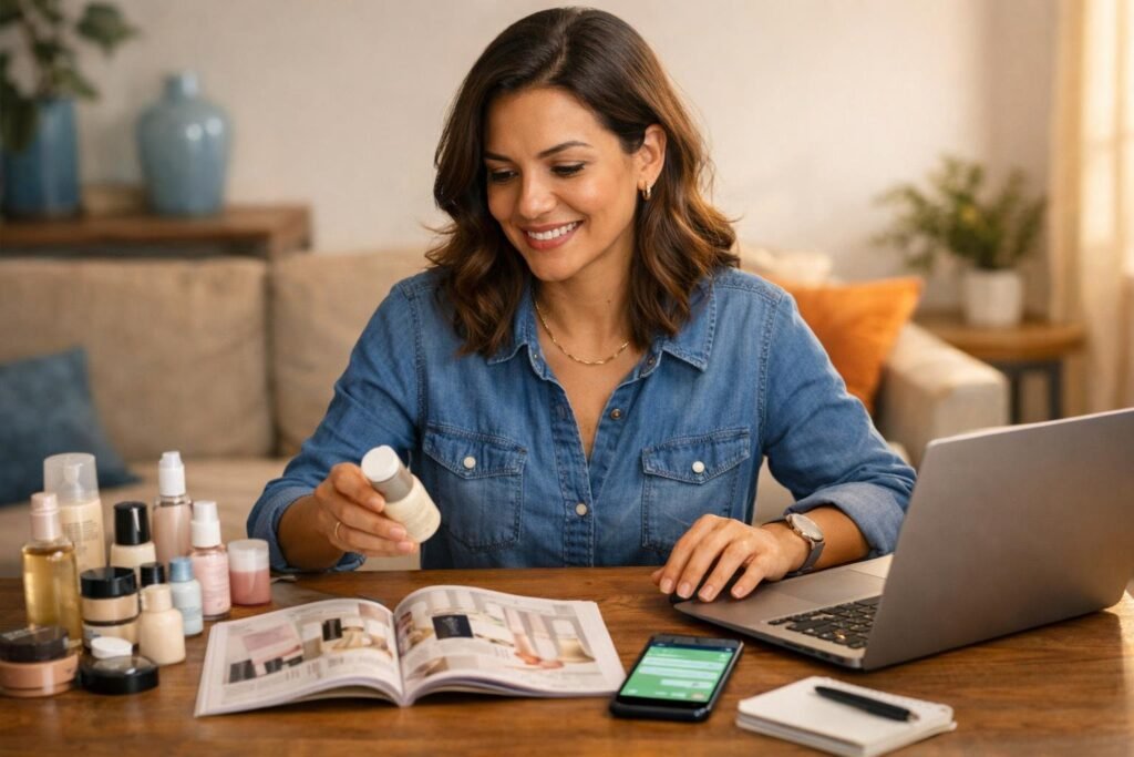 Revendedora organizando produtos, catálogo, celular e notebook em uma mesa de trabalho em casa.