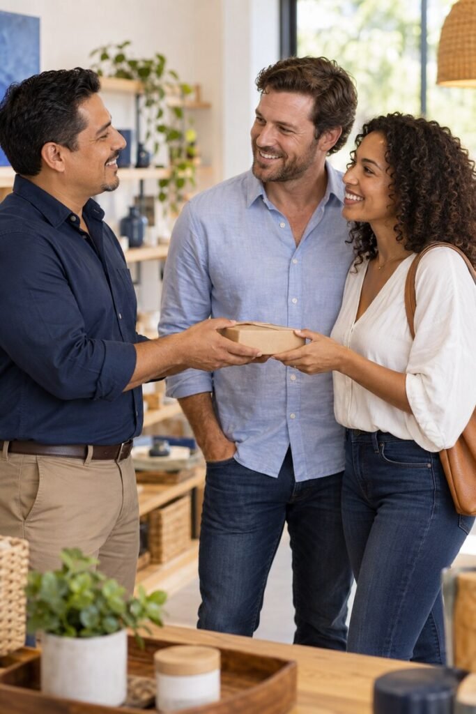 Vendedor entregando um produto e fortalecendo o relacionamento com um casal de clientes