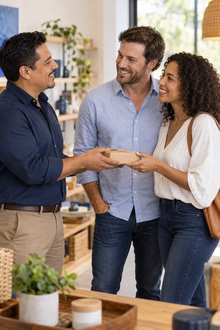 Vendedor entregando um produto e fortalecendo o relacionamento com um casal de clientes