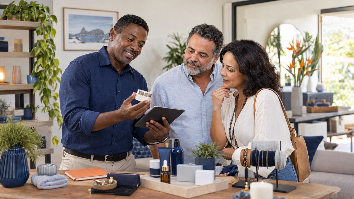 Vendedor usando informações digitais para oferecer atendimento pessoal a um casal de clientes