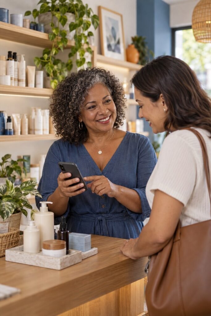 Empreendedora combinando atendimento pelo WhatsApp com uma conversa pessoal com a cliente