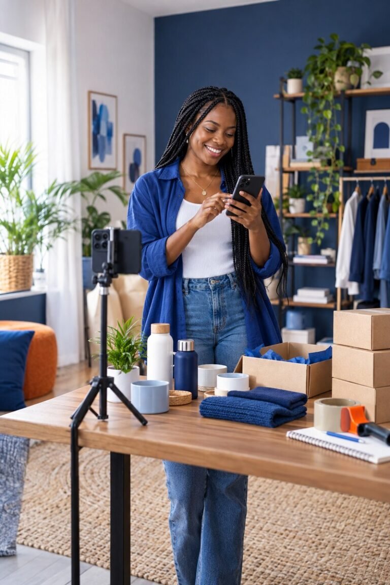 Empreendedora atendendo clientes e produzindo conteúdo pelo celular